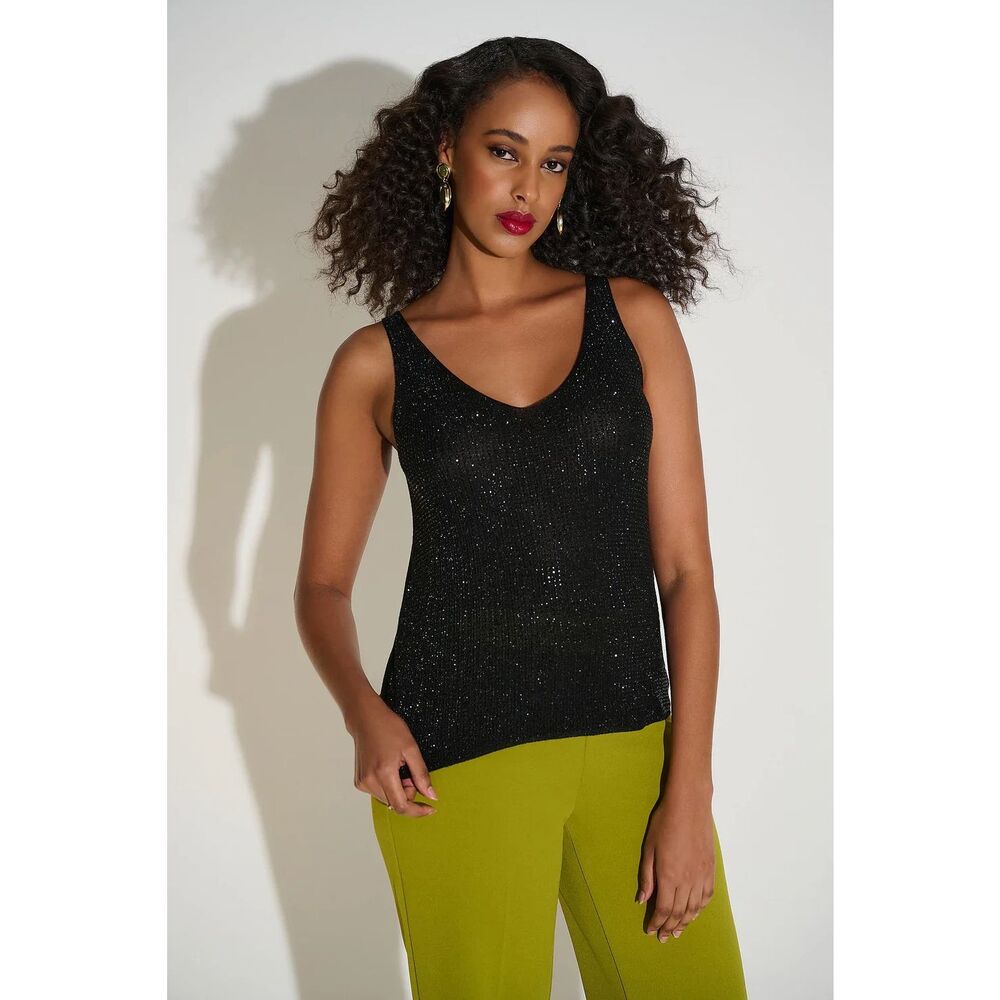 Joseph Ribkoff Metallic Knitted Camisole With Rhinestones in Black Size XS